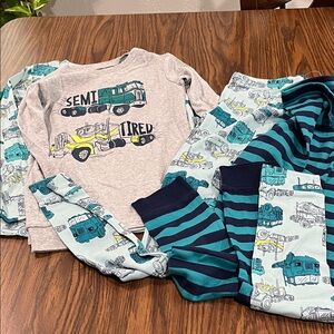 Truck Print Kids 4 piece Pajama Set - Gray and Blue